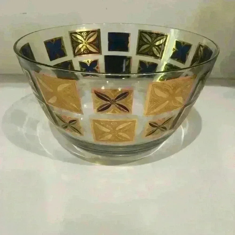 1960's Vintage CERA Fruit Salad Bowl Blue & Gold Flower Design Mid-Century